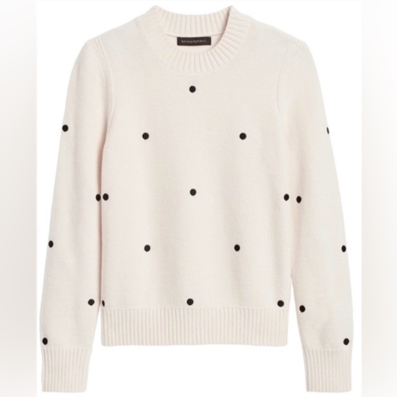 Banana Republic Sweaters - Banana Republic Supersoft Ivory Cotton Sweater Embroidered Black Polka Dots XS